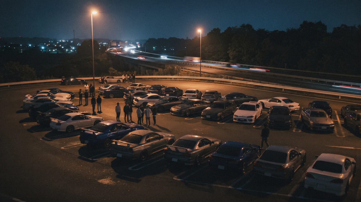 Sports cars filling the Daikoku rest area on a Friday night on a jdm car tour in Tokyo