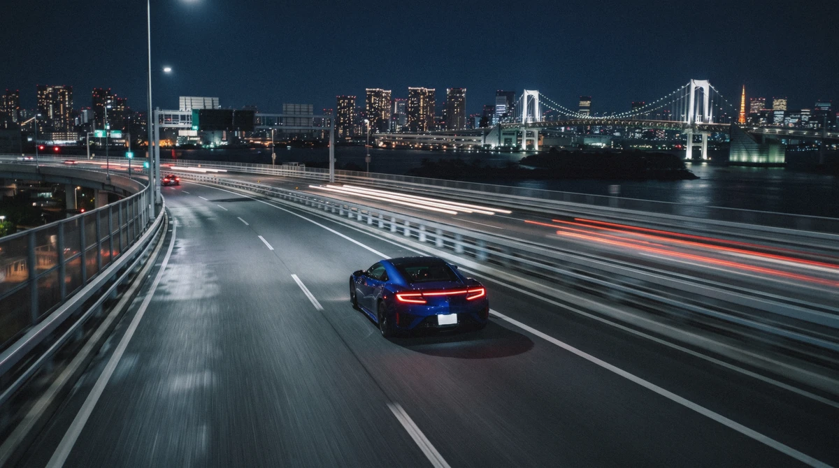 A low sports car with glowing tail lights on a bayside expressway at night on a jdm car tour in Tokyo